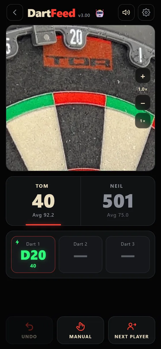 DartFeed zooming in on the double 20 for a checkout